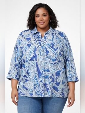 Lauren Ralph Lauren Paisley Blouse 2X Blue White Resort Chic Workwear Top